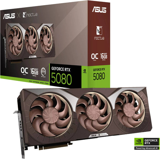 ASUS GeForce RTX 5080 16GB GDDR7 Noctua OC Edition Graphics Card, 16GB GDDR7 256-Bit Memory, 10752 CUDA Cores, 30 Gbps Memory Speed, PCI Express 5.0 | 90YV0M32-M0NA00